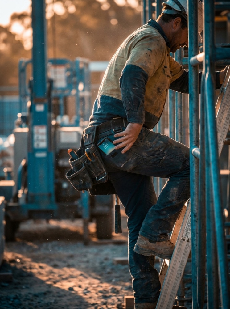 Electrician up a ladder, phone ringing out of reach